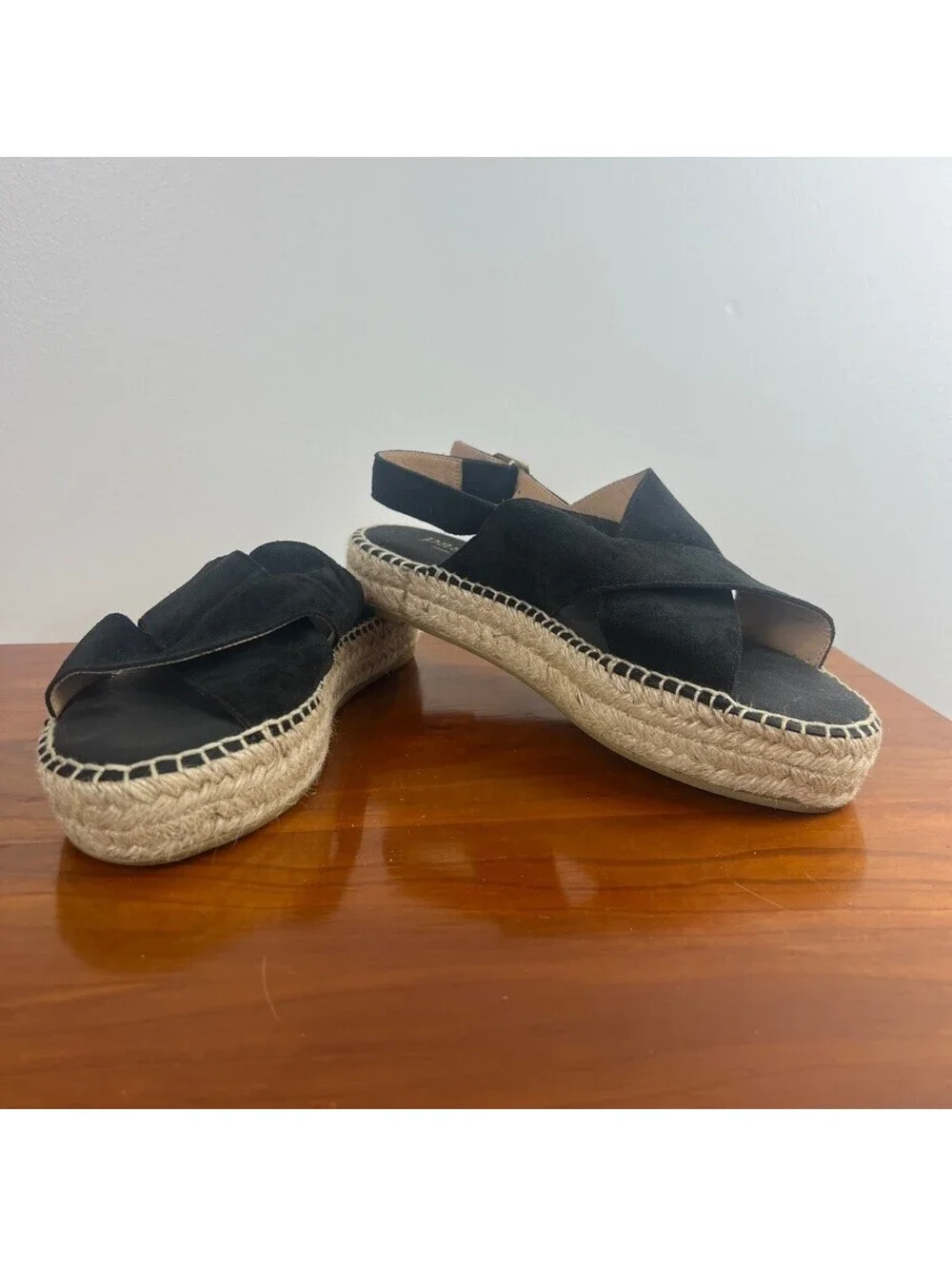 Paseart Black Suede Espadrille Platform Sandals Women's EU 39 Leather Slingback